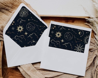 Moon Wedding Envelope Liner Template, Navy Celestial Constellation Design, Editable Printable Digital Download 063CE-ENVL