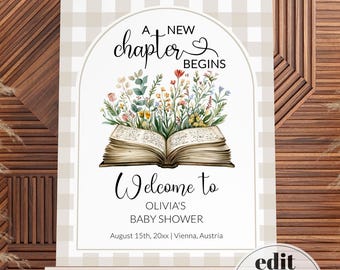 New Chapter Baby Shower Welcome Sign Template, Storybook Library Decor Gender Neutral 077GI-WLCM