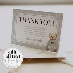 Tarjeta de agradecimiento para baby shower con osito de peluche Polo, clásica, azul claro, para niños, plantilla de nota de agradecimiento para invitados a baby shower n.° 068