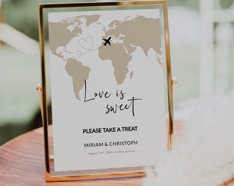 Love is sweet Candy Bar sign Printable Template for Travel or Destination Wedding, Passport Wedding Decorations with World Map #072w