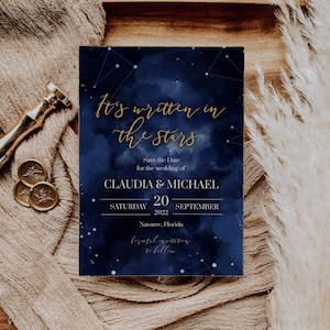 Modelo de convite para salvar a data do casamento celestial para casamento na galáxia, está escrito nas estrelas #066