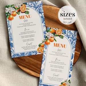 Orange Blau Toile Menükarten Amalfiküste Mittelmeer Blaue Fliesen und Orangen Positano Thema bearbeitbar Citrus Orange Menükarte Vorlage #072