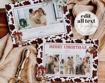 May include: A Christmas card with a cow print background. The card features a photo of a family with the text "Wishing you a merry and bright holiday season and a happy new year with love Alexandra, Robert & Little Steve" and "Merry Christmas with love Alexandra, Robert & Little Steve".