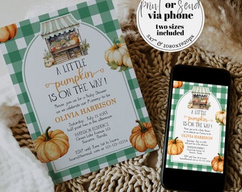 Pumpkin Baby Shower Invitation Template, Locally Grown Farmers Market Fall Baby Sprinkle 003LG-BSINV-GR