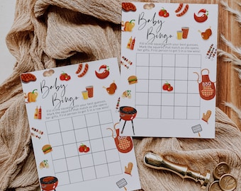 May include: Two white printable baby bingo cards with a BBQ theme. The cards feature images of grilling tools, food, and a baby onesie. The text on the cards reads "Baby Bingo" and "Fill in the squares with your best guesses. Mark the squares that match as she opens her gifts. First person to get 5 in a row wins!"
