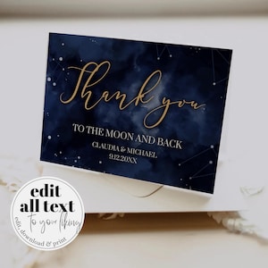 Celestial Wedding Thank You Card Template, Navy Gold Starry Night Printable 066CE-THCA