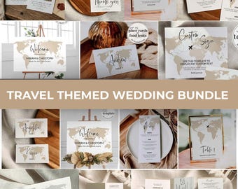 Destination Wedding Stationery Bundle, Travel Theme Passport Invitation Suite, Boho Editable Printable Template 072W-WEDBUN