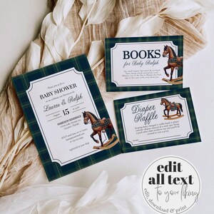 May include: Baby shower stationery set with a green and navy plaid design. The invitation reads "Baby Shower Lauren & Ralph" and the date August 15. The inserts include "Books for Baby Ralph" and "Diaper Raffle", each with a rocking horse illustration.