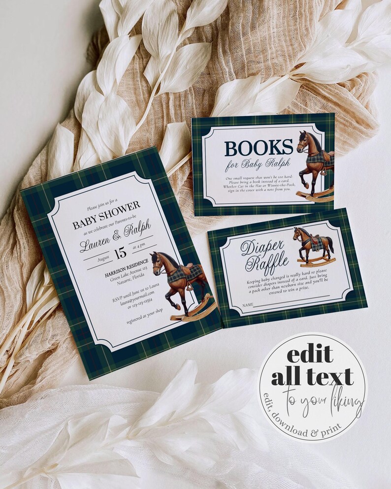 May include: Baby shower stationery set with a green and navy plaid design. The invitation reads "Baby Shower Lauren & Ralph" and the date August 15. The inserts include "Books for Baby Ralph" and "Diaper Raffle", each with a rocking horse illustration.