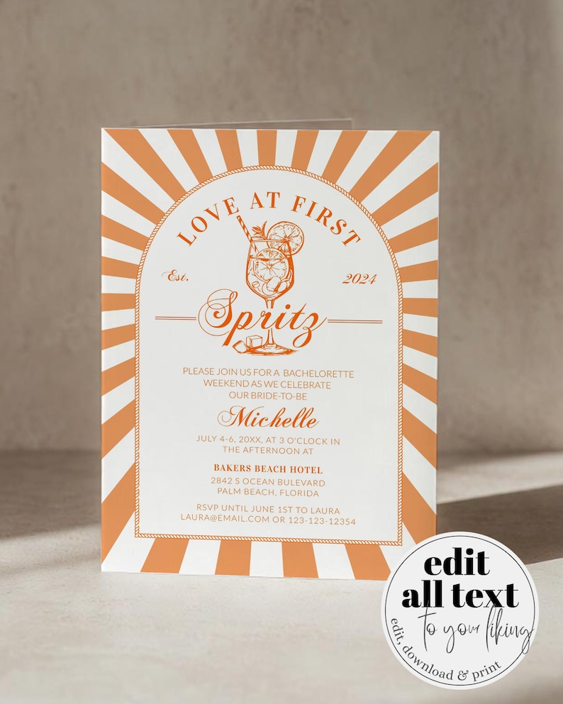 Italian Spritz Bachelorette Itinerary, Love at First Spritz Weekend Party Template 027AS-BACHINV image 18