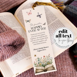 Storybook Bookmark for Book Themed Bridal Shower, Editable Bridal Book Lover Thank You Keepsake Favor Tags Printable Template #068