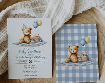 May include: Two invitations for a Teddy Bear Picnic. One has text and the other a blue gingham pattern. Both cards feature a teddy bear with a party hat, balloons, and a picnic basket. The text reads "Teddy Bear Picnic" and "Michael's Beary first Birthday".