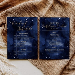 May include: A blue and gold printable weekend schedule for a bachelorette party. The schedule includes a list of activities for Friday, Saturday, and Sunday. The text includes the words "Weekend Schedule", "Claudia's Bachelorette Weekend", "Hotel", "To Pack", and "Costs".