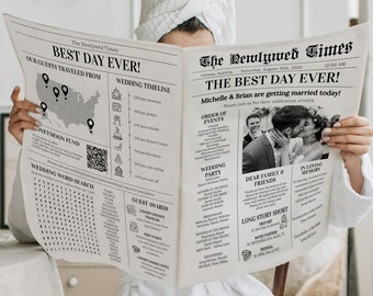 Wedding Newspaper Program Template, Printable Itinerary Timeline Unique Wedding Keepsake Editable Folded Modern 065B-WENP