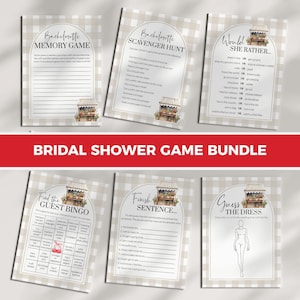 May include: A set of printable bridal shower games with a farmhouse theme. The games include "Memory Game", "Scavenger Hunt", "Would She Rather", "Find the Guest Bingo", "Finish the Sentence", and "Guess the Dress".