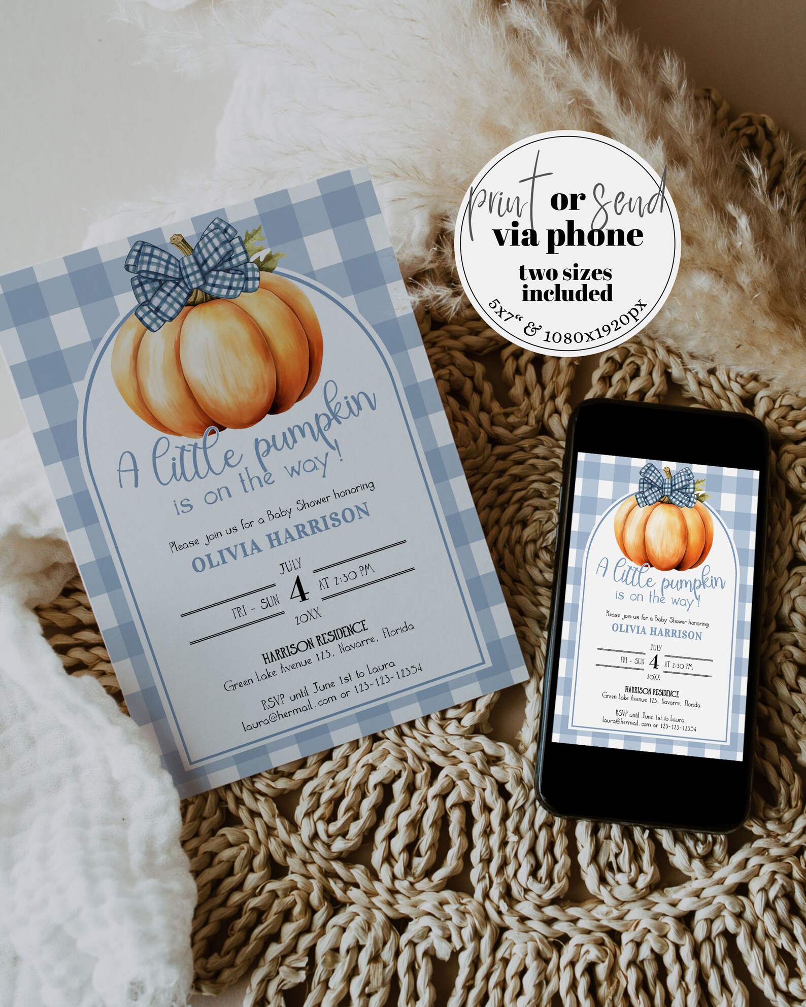 Editable Pumpkin Boy Baby Shower Set Blue Bow Little Cutie Bundle Rustic Blue Locally Grown Fall in Love Baby Shower Invitation Template#068
