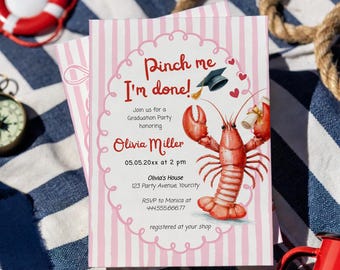 Lobster Graduation Party Invitation, Pinch Me I'm Done Crawfish Boil, Editable Coastal Template 034CF-GRINV
