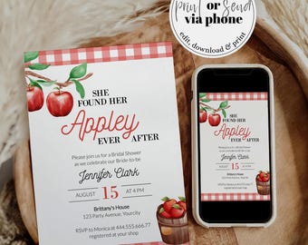 May include: A bridal shower invitation with a red and white gingham border and apple illustrations. The invitation reads "She Found Her Appley Ever After" and includes event details. A smartphone displays the same design.
