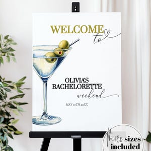 Placa de boas-vindas para chá de panela Martini, modelo de decoração para festa com Martini seco clássico e azeitonas, editável, placa de boas-vindas, um pouco mais perto, nº 072
