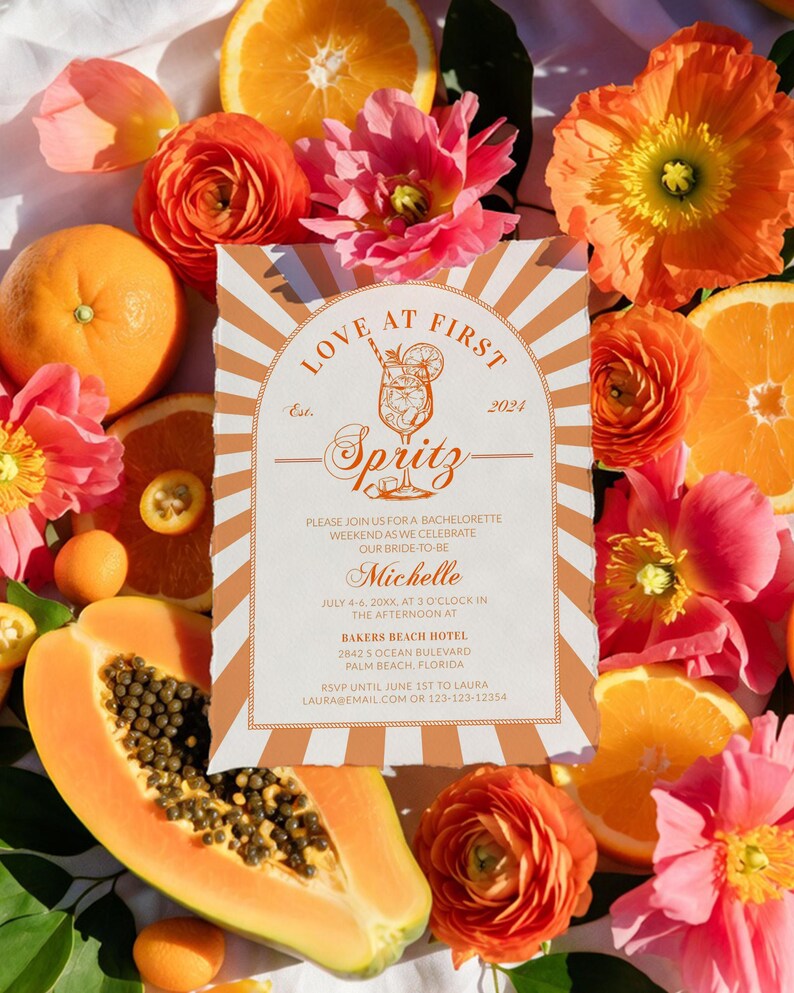 Italian Spritz Bachelorette Itinerary, Love at First Spritz Weekend Party Template 027AS-BACHINV image 1