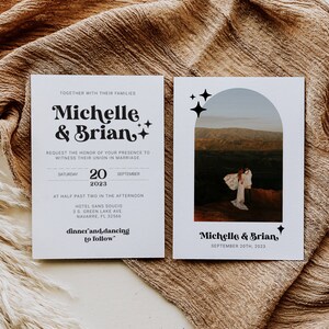 Op de afbeelding: Huwelijksuitnodiging met een witte achtergrond en zwarte tekst. De uitnodiging bevat een foto van een stel voor een bergketen. De tekst luidt "Michelle & Brian, 20 september 2023".