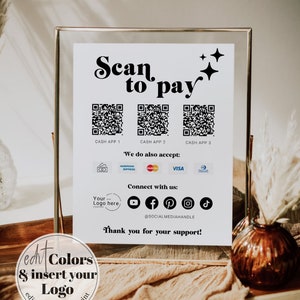QR Code Sign | Small Business Scan to Pay Sign with Custom Social Media and Payment Options | Printable Template #065b