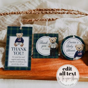 Étiquettes vintage Ralph Polo pour invités, autocollant et étiquette de remerciement ours de luxe, modèle de décoration de thème de fête classique à carreaux ours en peluche #068