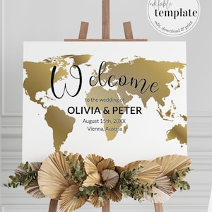Cartello di benvenuto per matrimonio a destinazione con mappa del mondo ad acquerello per un matrimonio a tema viaggio #072g