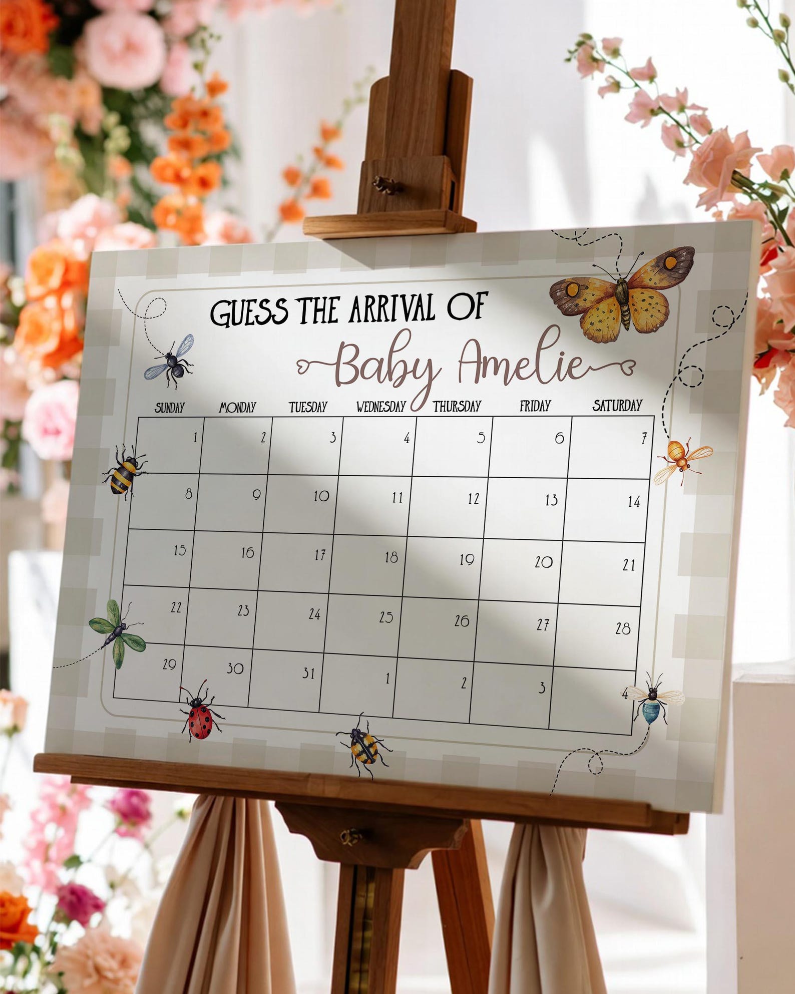 Lovebug Guess Baby’s Arrival Game Sign, Butterfly Bug Baby Shower Due ...