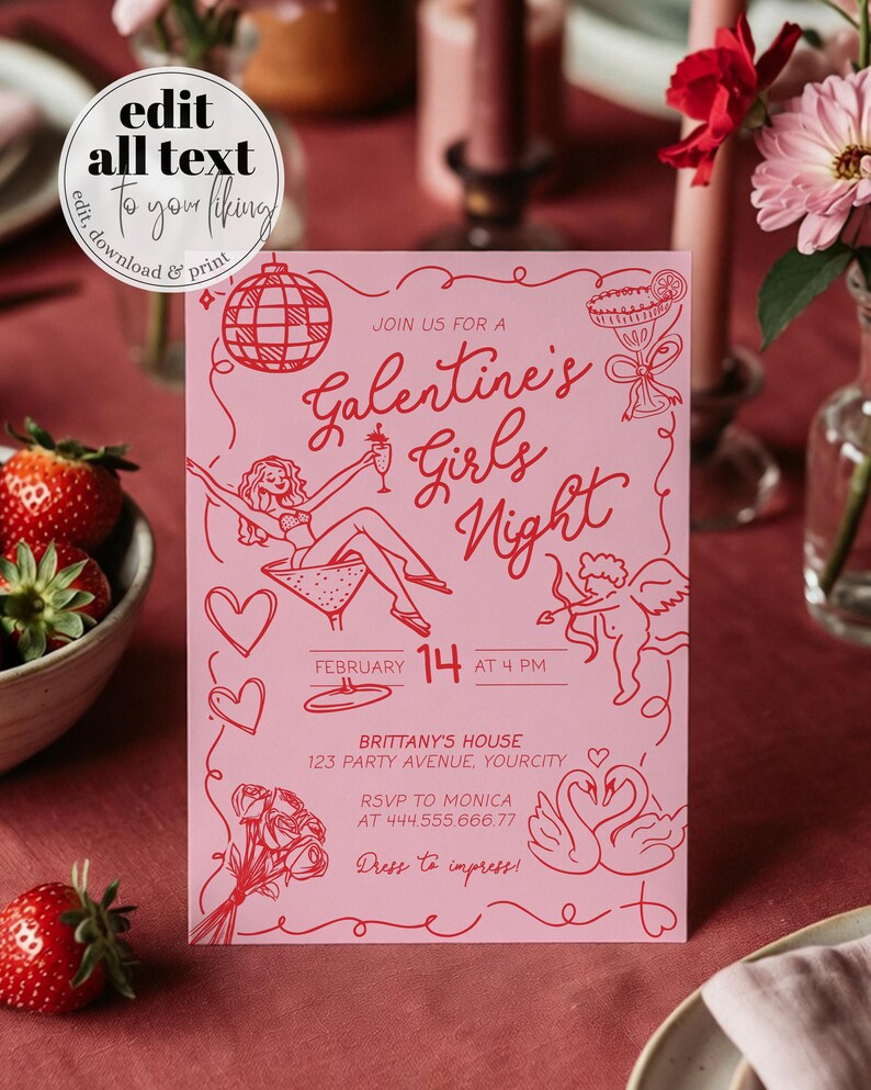 Galentines Day Girls Night Invitation Funky Doodle Pink Red Valentines ...