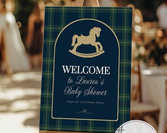 Baby Shower Welcome Sign Template, Luxury Vintage Rocking Horse Plaid Theme, Digital Download 068RH-WLCM