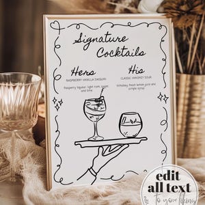 Doodle handtekening cocktailmenu, handgetekende Krabbel barmenu voor grillige bruiloft funky cocktailmenukaart eigenzinnige geïllustreerde sjabloon #070