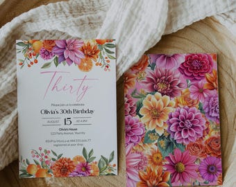 Pink Orange Floral Birthday Invitation Template, Citrus Hot Pink Party Invite, Any Age 011PO2-BINV