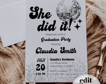 Editable Disco Graduation Party Invitation for Retro Grad | Groovy 70s Disco Graduation Party | Class of 2024 evite | Instant Download #065d