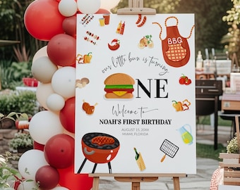 BBQ Burger First Birthday Welcome Sign Bun Is Turning ONE Backyard Barbecue Template 073BBQ-WLCM
