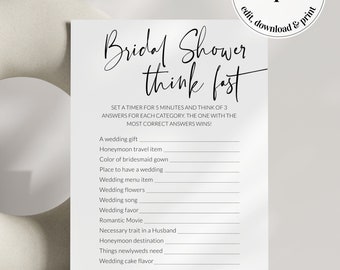 Think Fast Game for Bridal Shower or Girls Night | printable template with minimalist modern theme #072