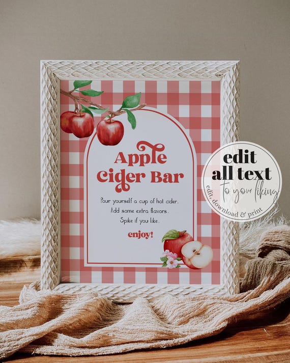Apple Cider Bar Sign, Fall Gingham Apple Shower Decor Template 092AP-BAME