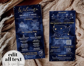 Celestial Wedding Program Printable, Starry Night Moon Ceremony Newspaper Template 066CE-WEPRO