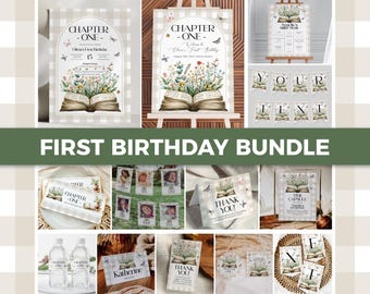 One for the Books First Birthday Bundle Template, Chapter ONE Storybook Party Decor Invitation 077GI-BBUNDLE