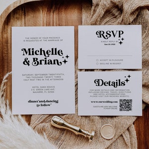 May include: Wedding invitation suite with a black and white design. The invitation features the names "Michelle & Brian" in a bold, retro font. The RSVP card includes a QR code and the text "RSVP Kindly Reply By June 20, 2022". The details card features the text "Details" in a bold, retro font and the website address "www.ourwedding.com".