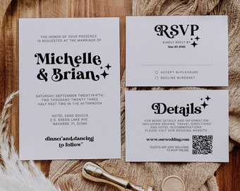Groovy Wedding Invitation Bundle, Retro 70s Printable Invite Set, Editable Template Suite 065B-WEINV