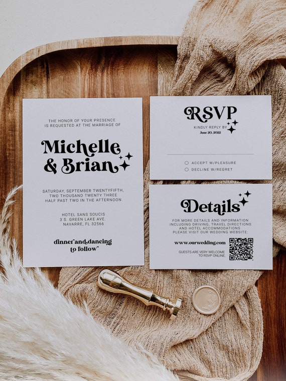 Groovy Wedding Invitation Bundle, Retro 70s Printable Invite Set, Editable Template Suite 065B-WEINV