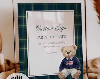 Custom Sign Template, Vintage Preppy Polo Teddy Bear Baby Shower Decor, Digital Download 068RL-CUSI