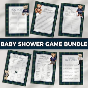 Baby Shower Games Bundle Template, Preppy Vintage Teddy Bear Plaid, Digital Download 068RL-BSGAMEB