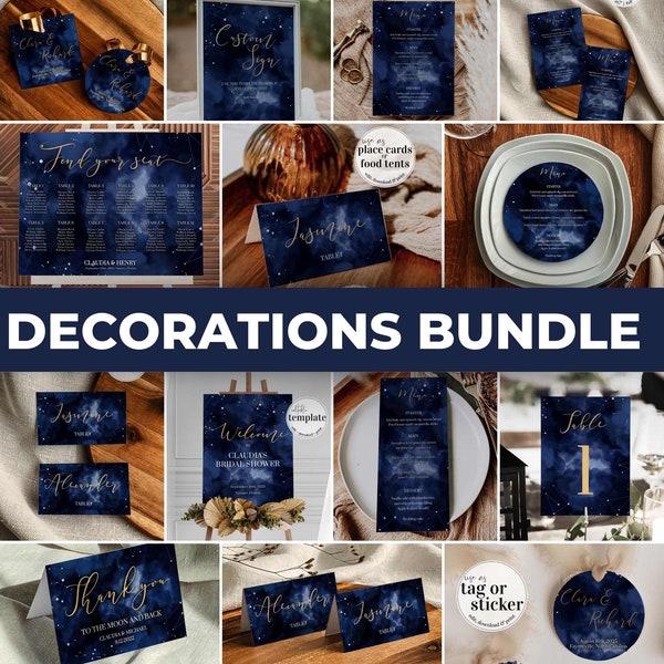 Celestial Decorations Bundle Moon & Star Theme: Welcome Sign, Seating Chart, Table Number, Menu Card, Place Card | Printable Template #066