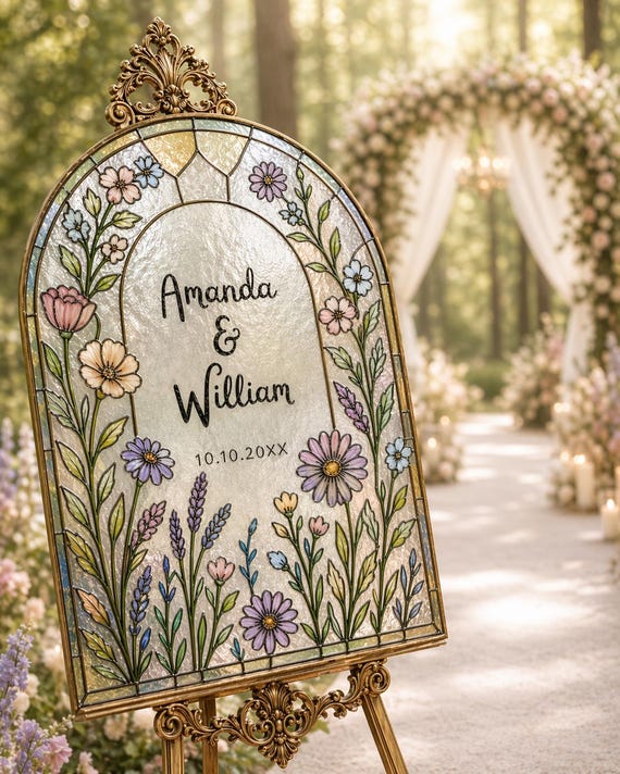 Stained Glass Welcome Sign Template, Wildflower Floral Wedding DIY Acrylic Printable Sign 035STGL-WLCM