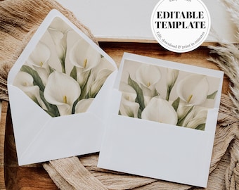 Calla Lily Envelope Liner Template, Fine Art Floral Wedding Invitation Insert, Elegant Printable A7