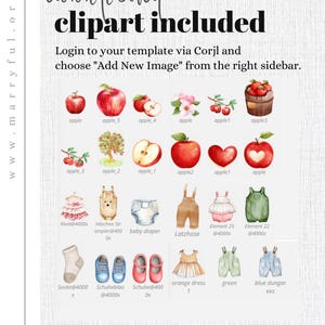May include: A digital clipart collection featuring various red apples, baby clothes, and accessories. The image includes illustrations of dresses, overalls, shoes, and a diaper. Text reads "additional clipart included."