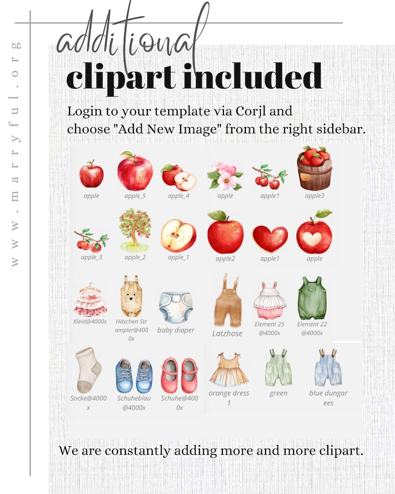 May include: A digital clipart collection featuring various red apples, baby clothes, and accessories. The image includes illustrations of dresses, overalls, shoes, and a diaper. Text reads "additional clipart included."