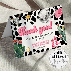 Space Cowgirl Dankeskarte | Disco Cowgirl Bachelorette Dekorationen | Yee Haw Danke Hinweis | Sofort Download Vorlage #022